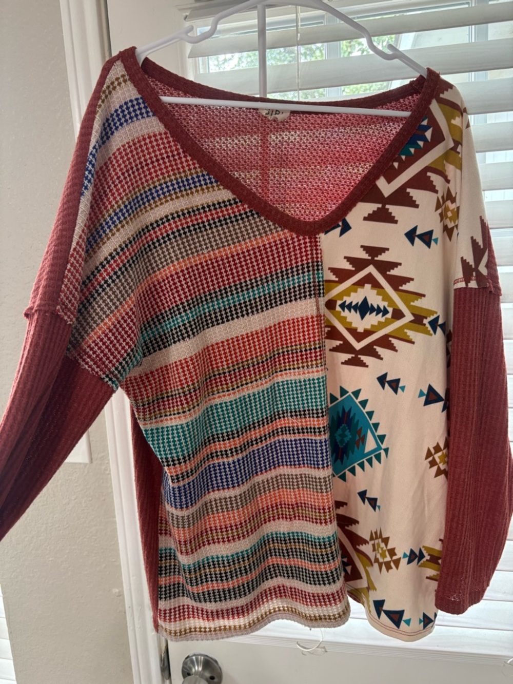 Boho Patchwork V-Neck Sweater in Rust and Multi